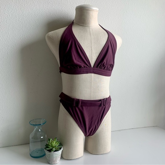 Purple burgundy bikini 2‎ piece faux belt on bottoms imported size small - Picture 3 of 13